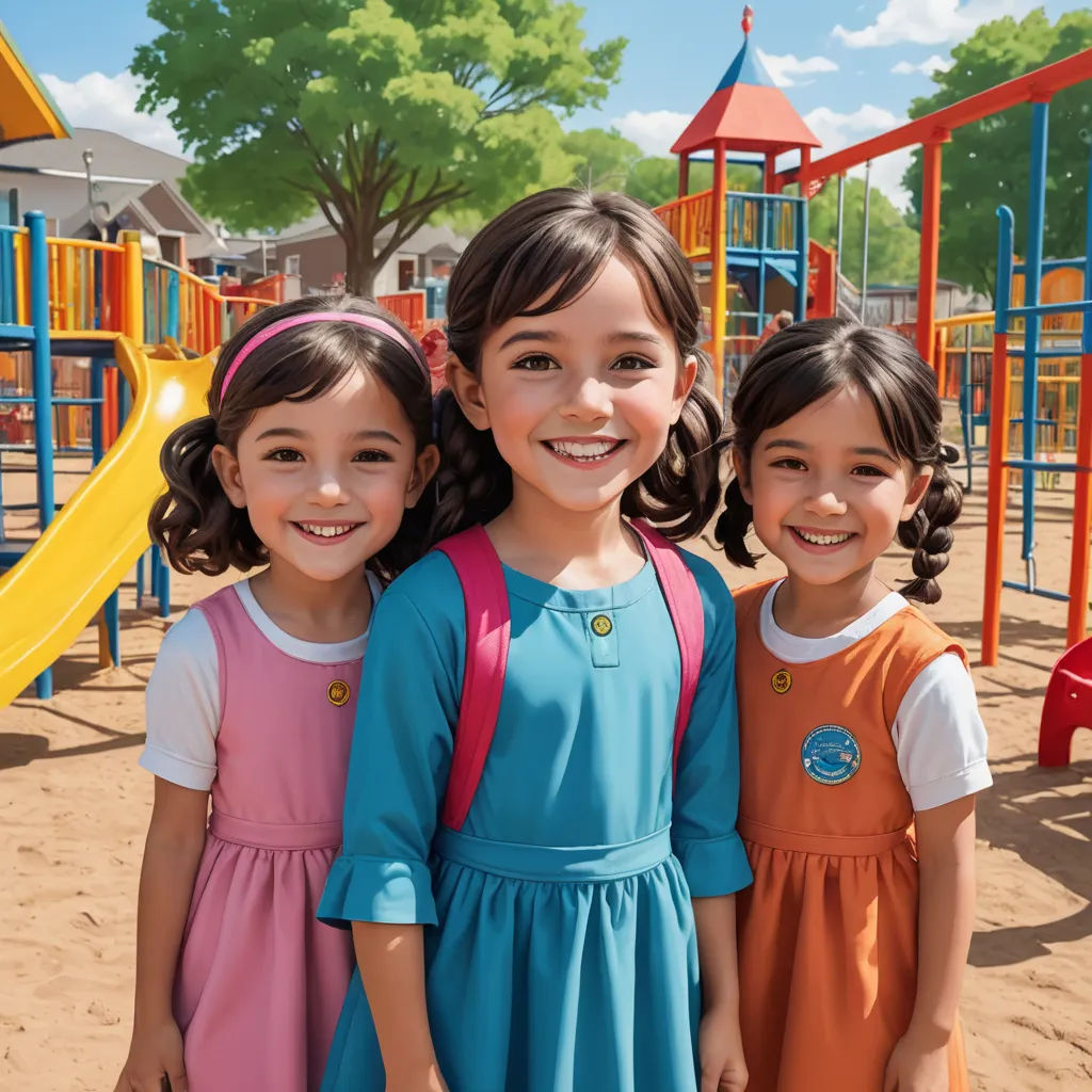 three young girls standing in front of a playground with a slide in the background and a playground with a play ground, vancouver school, a digital rendering, Caroline Lucy Scott, promotional image