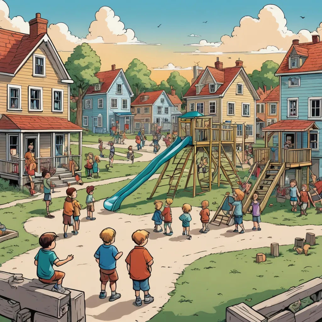 a group of children playing in a neighborhood with a playground and a slide in the background, and a group of houses, american scene painting, a storybook illustration, Chris Ware, highly detailed digital painting