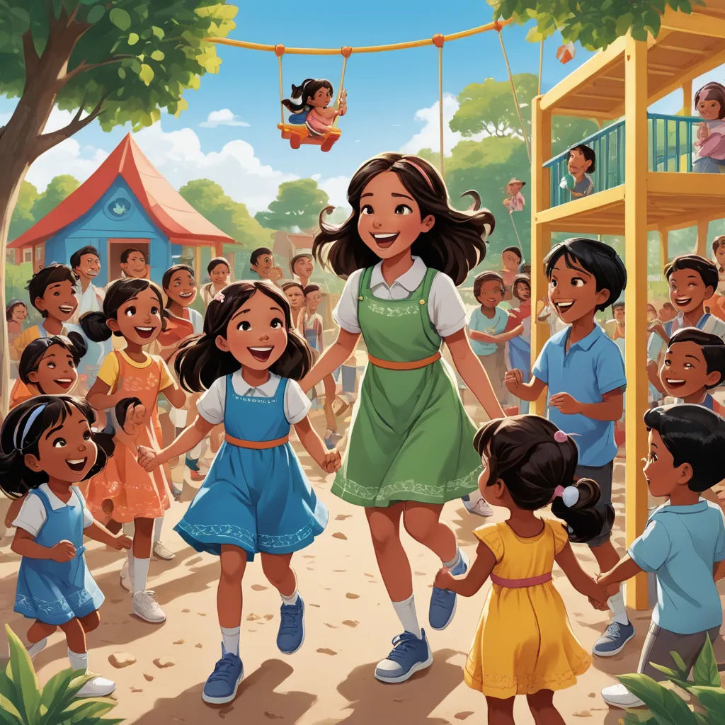 a cartoon of a girl and two girls holding hands in front of a crowd of children in a playground, samikshavad, a storybook illustration, Ella Guru, promotional image