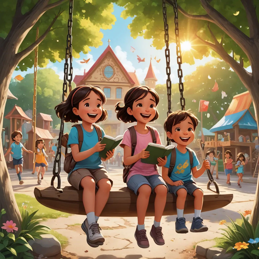a couple of kids sitting on a swing in a park with a book in their hands and a book in their hand, american scene painting, a storybook illustration, Chris LaBrooy, official art