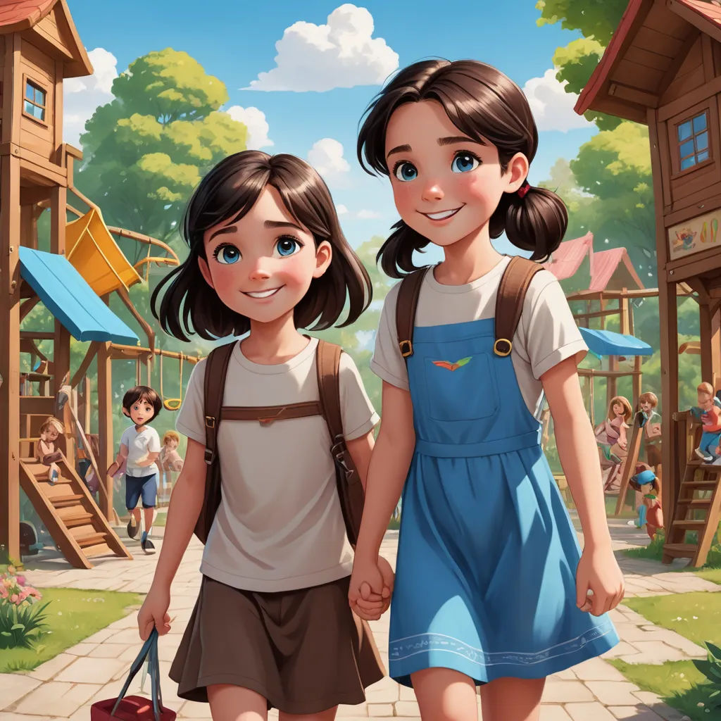 two young girls walking down a path holding hands in front of a playground with a playground in the background, fantasy art, a storybook illustration, Artgerm, trending on art station