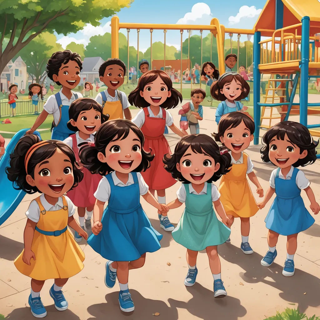 a group of children standing in front of a playground with a playground slide and swings in the background and a playground with a play structure, serial art, a storybook illustration, Ella Guru, promotional image