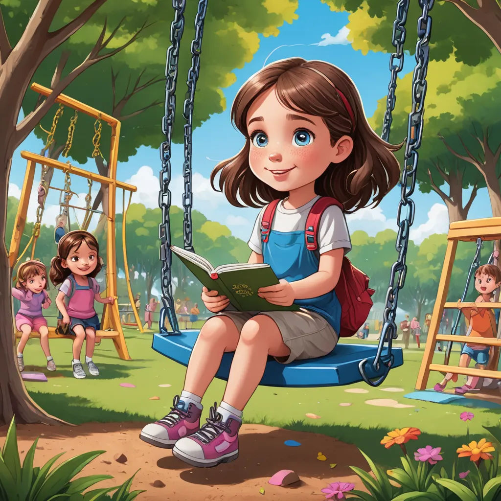 a girl sitting on a swing reading a book in a park with other children in the background illustration by alex krawc, lyco art, a storybook illustration, Cyril Rolando, storybook illustration