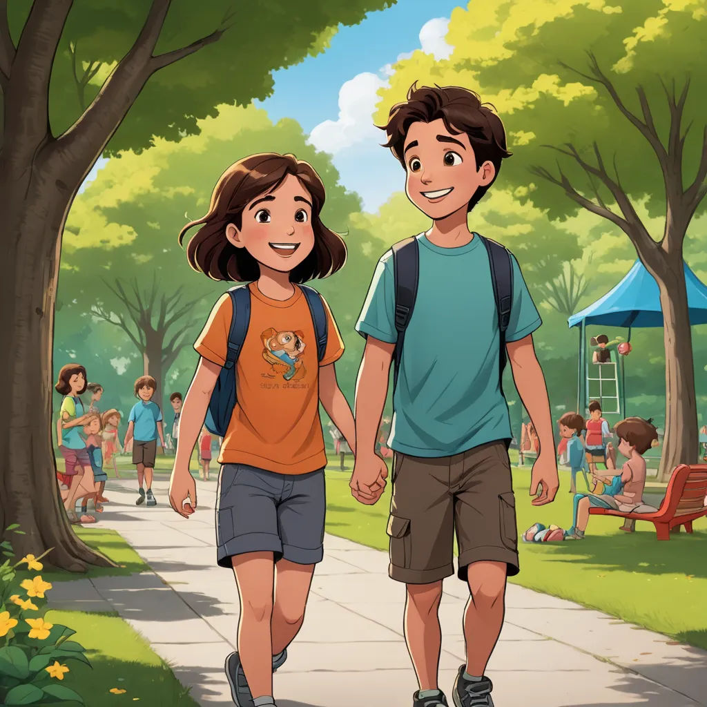 a boy and a girl walking down a sidewalk in a park with a playground in the background and a man holding hands, paris school, a storybook illustration, David Park, official art