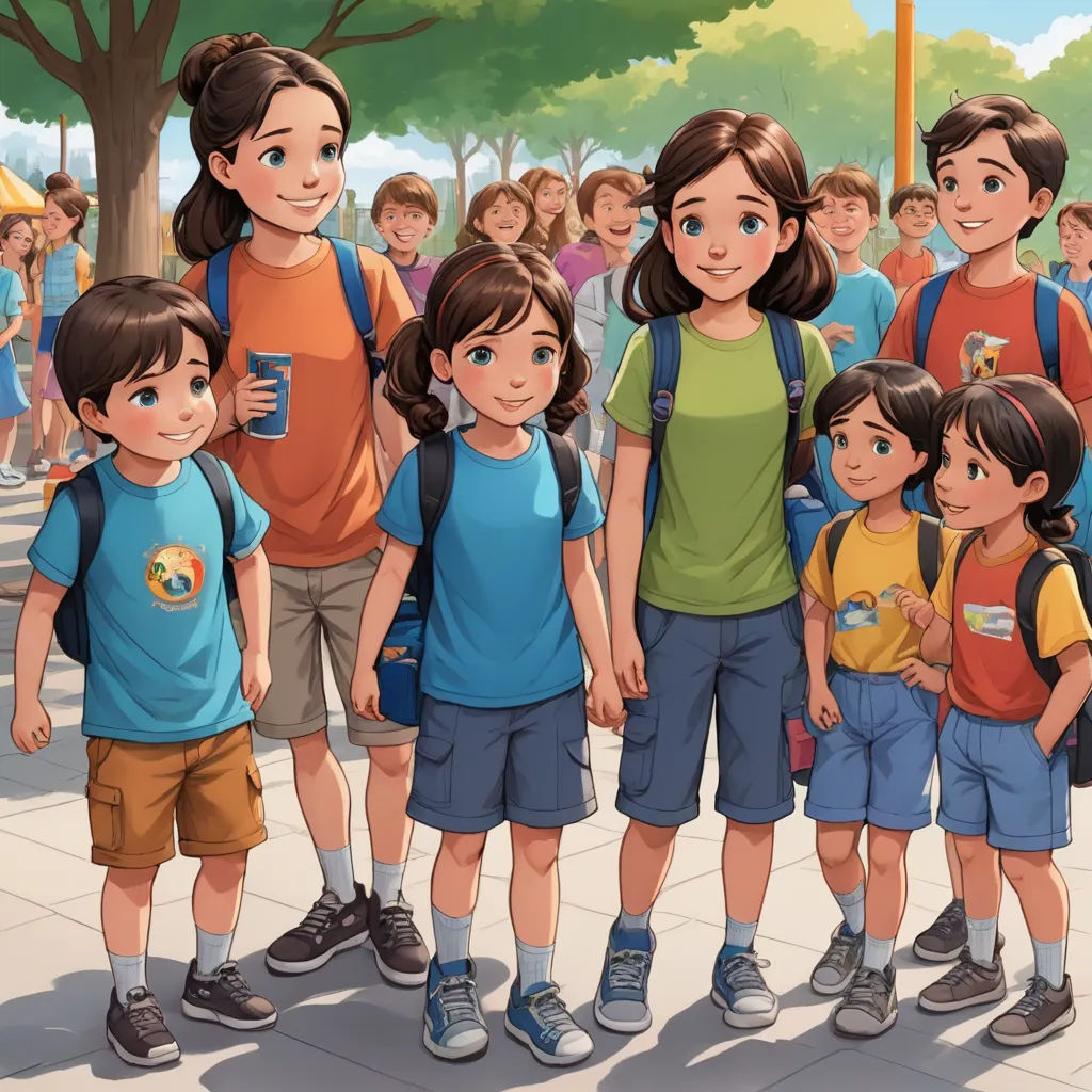 a group of children standing next to each other on a sidewalk with a group of people behind them in the background, vancouver school, a storybook illustration, Fernando Amorsolo, rossdraws global illumination