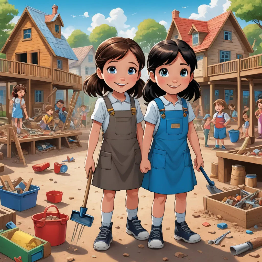 two girls are standing in front of a house with a lot of tools and a bucket of sand in front of them, american scene painting, a storybook illustration, Bob Byerley, official art