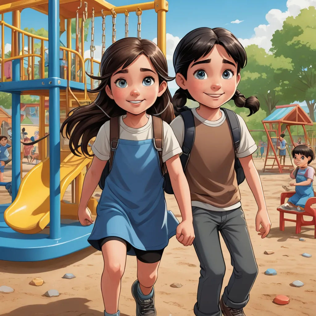 a boy and a girl walking in front of a playground with a slide and a playground structure in the background, paris school, a storybook illustration, Ada Gladys Killins, official art