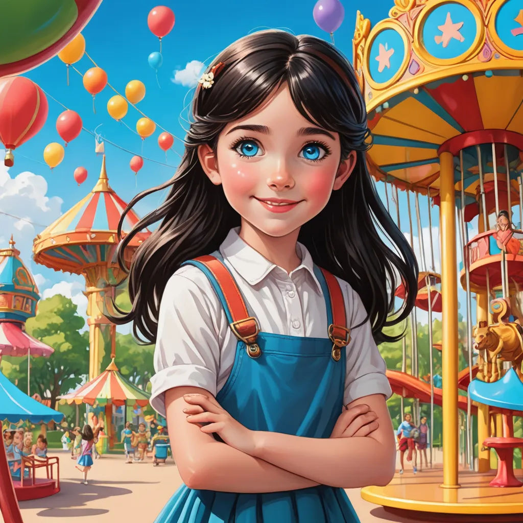 a painting of a girl standing in front of a carnival ride with balloons and a carousel in the background, magical realism, a storybook illustration, Alice Prin, rossdraws global illumination