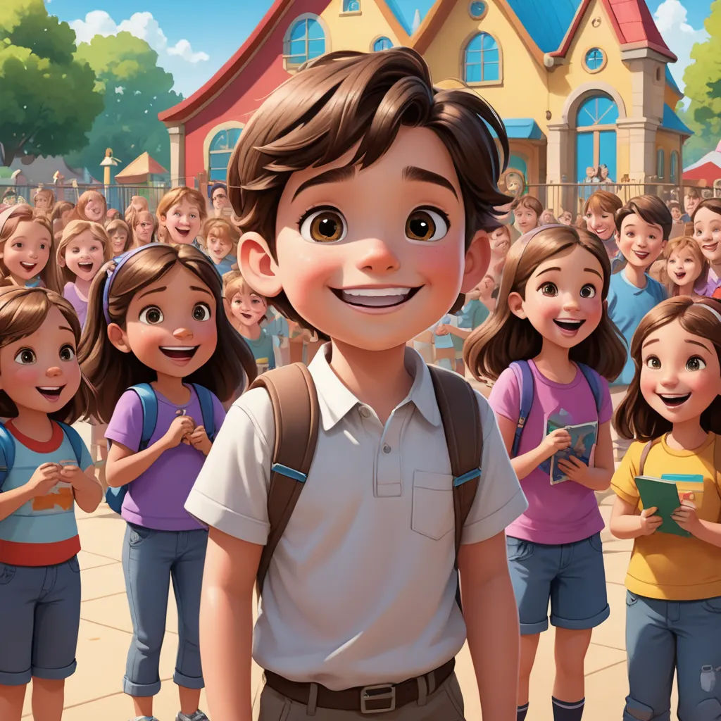 a cartoon of a boy standing in front of a group of children with a book in his hand and a book in his hand, paris school, a storybook illustration, Eddie Mendoza, rossdraws global illumination