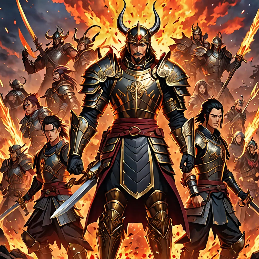 a group of people standing in front of a fire filled sky with a giant demon on top of them, fantasy art, concept art, Dai Jin, magic the gathering artwork