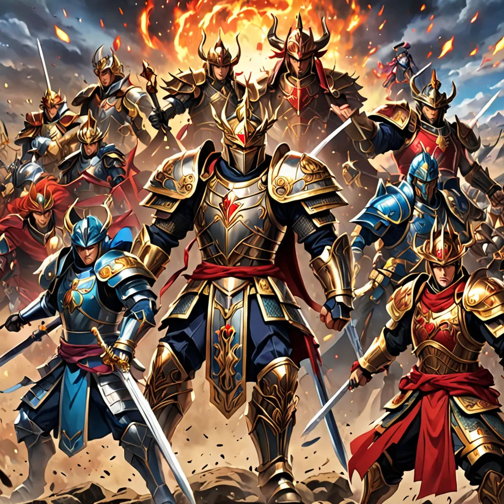 a group of knights standing next to each other on a field of dirt and rocks with flames in the background, fantasy art, concept art, Anne Stokes, fantasy artwork
