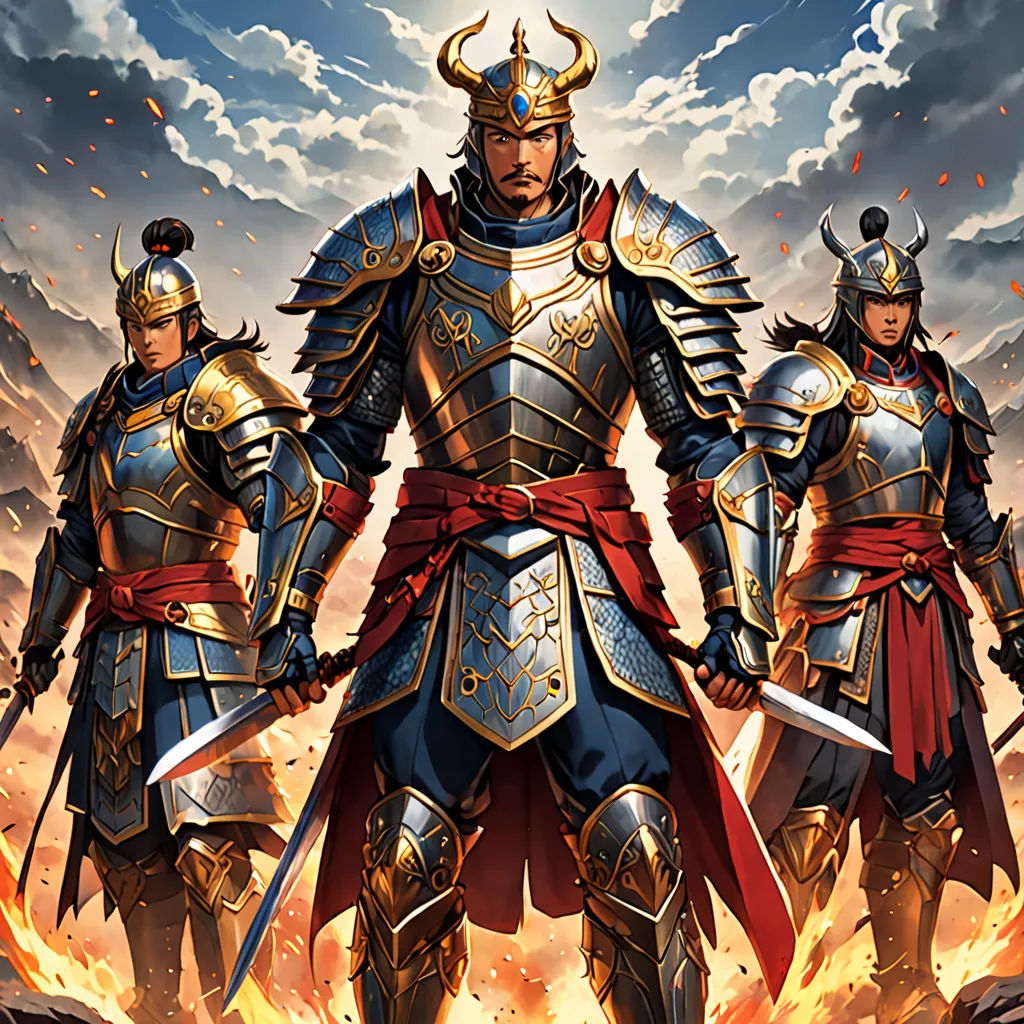 a group of men in armor standing next to each other on a field of fire and clouds in the background, fantasy art, a detailed painting, Du Jin, epic fantasy character art
