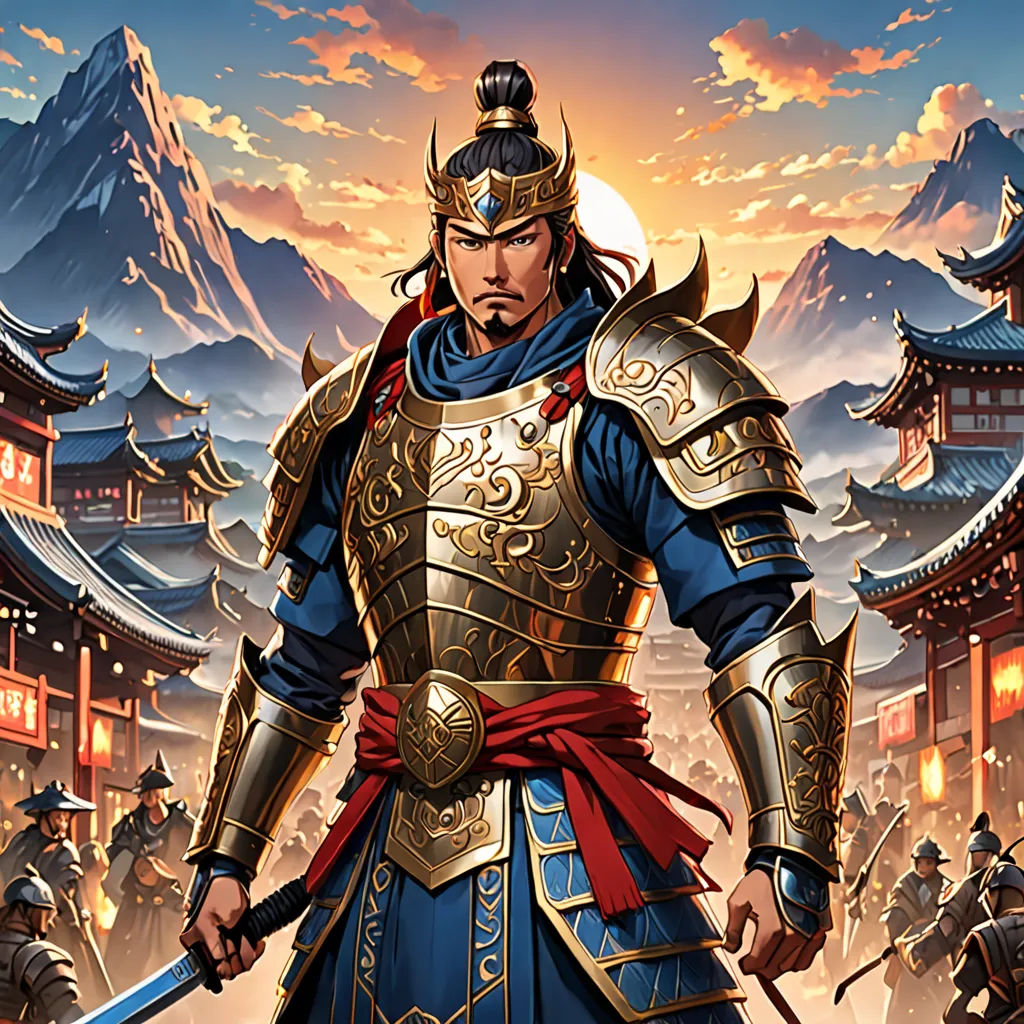 a man in a suit of armor holding a sword in front of a mountain range with a sunset in the background, fantasy art, a detailed painting, Emperor Huizong of Song, official art