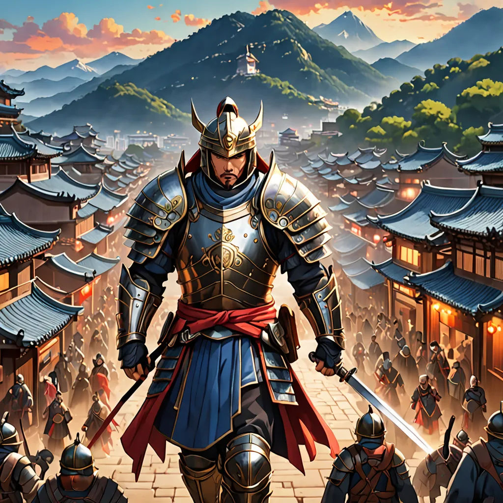 a man in a suit of armor standing in front of a group of people in a city with mountains in the background, fantasy art, a detailed painting, Emperor Huizong of Song, highly detailed digital painting