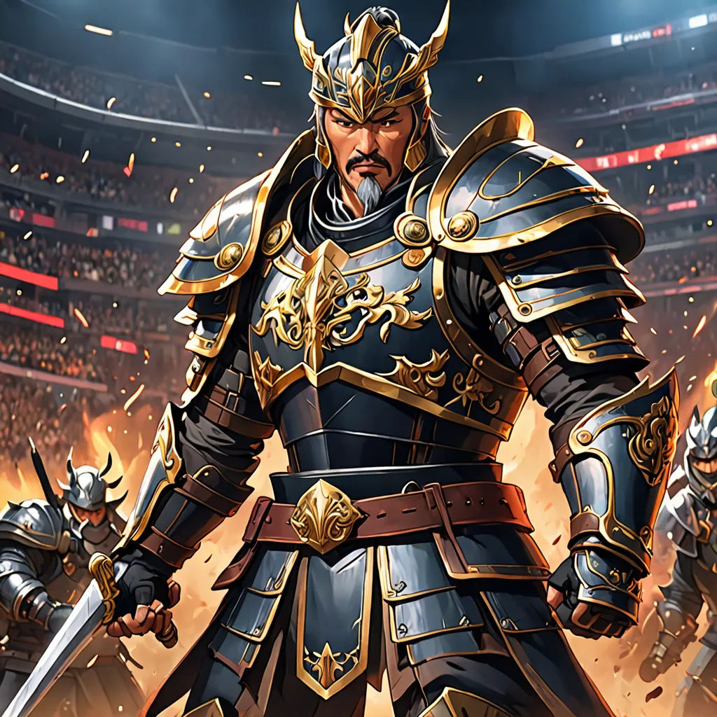 a man in a suit of armor holding a sword in front of a crowd of people in a stadium, fantasy art, concept art, Emperor Huizong of Song, epic fantasy character art