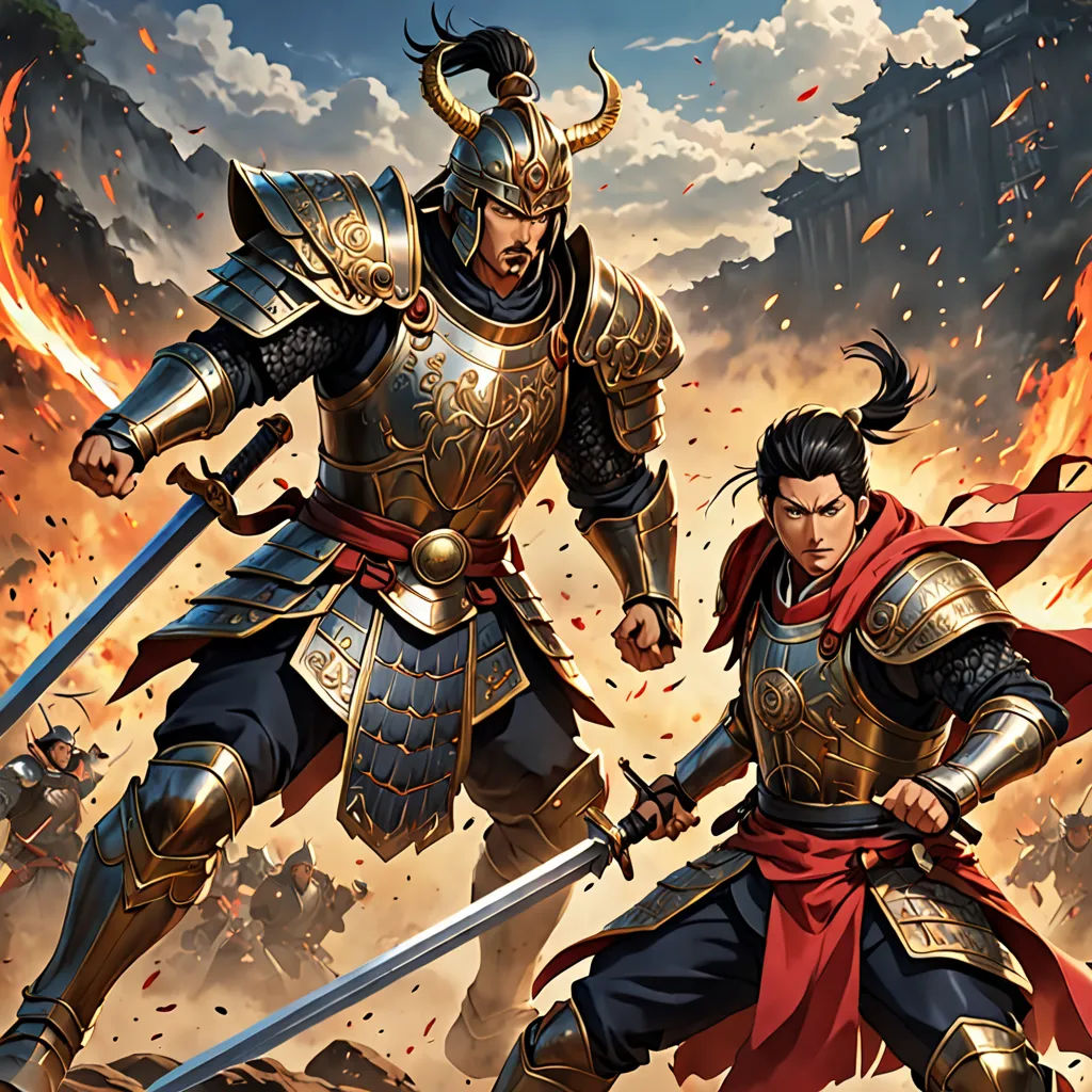 two men in armor are fighting in a battle with flames behind them and a castle in the background with a sky full of clouds, fantasy art, concept art, Du Jin, key art