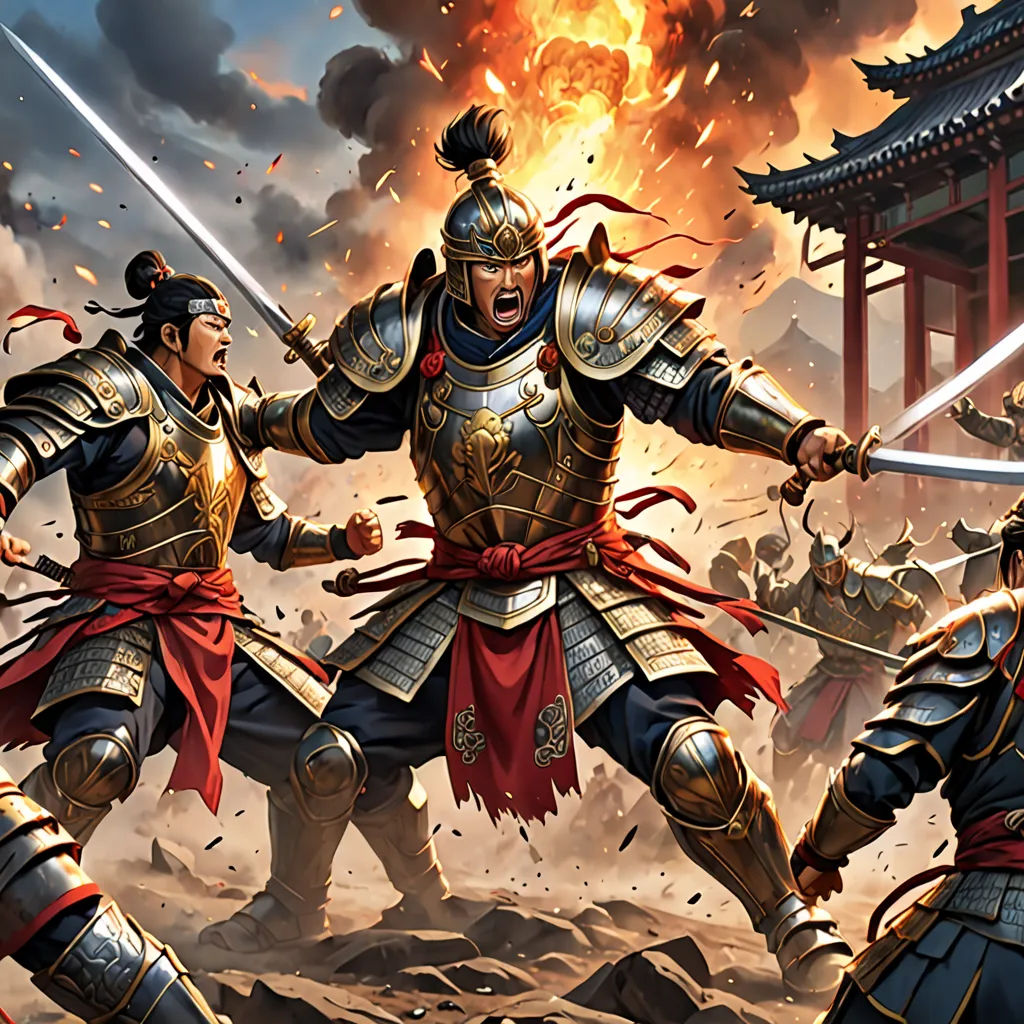 a painting of two men fighting with swords in front of a fire - filled sky and a building with a red roof, fantasy art, a detailed painting, Clint Cearley, magic the gathering artwork
