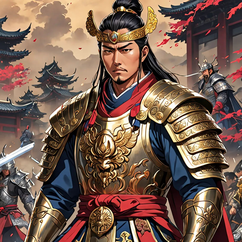 a man in a chinese armor standing in front of a building with a sword in his hand and a dragon on his shoulder, cloisonnism, a character portrait, Emperor Huizong of Song, official art