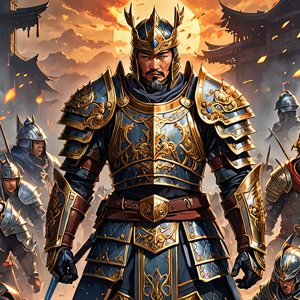 a group of men in armor standing next to each other in front of a fire filled sky with clouds, fantasy art, a detailed painting, Emperor Huizong of Song, epic fantasy character art