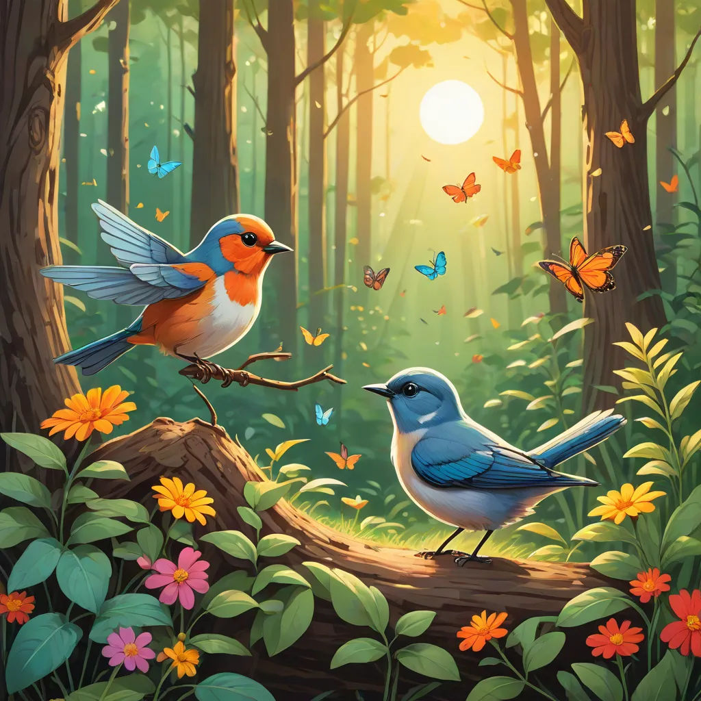 a painting of two birds on a branch in a forest with flowers and butterflies around them, with the sun shining through the trees, fantasy art, a storybook illustration, Dan Mumford, birds