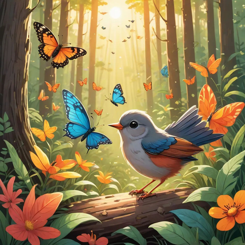 a bird and butterflies flying over a forest with flowers and trees in the background, with a sunbeam, fantasy art, a storybook illustration, Chris LaBrooy, rossdraws global illumination