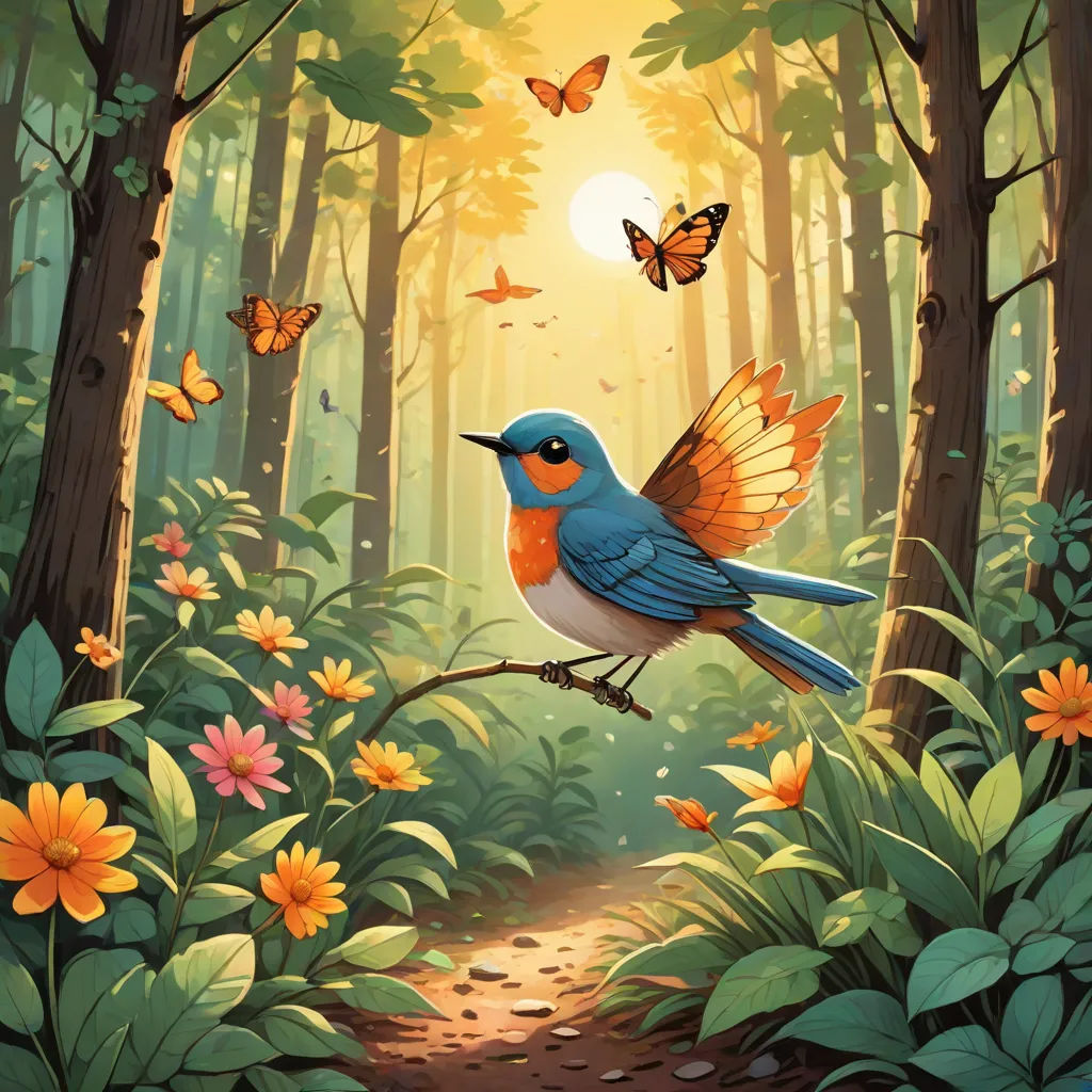a painting of a blue bird on a branch in a forest with butterflies flying around it and a path leading to a butterfly - shaped forest, fantasy art, a storybook illustration, Chris LaBrooy, rossdraws global illumination
