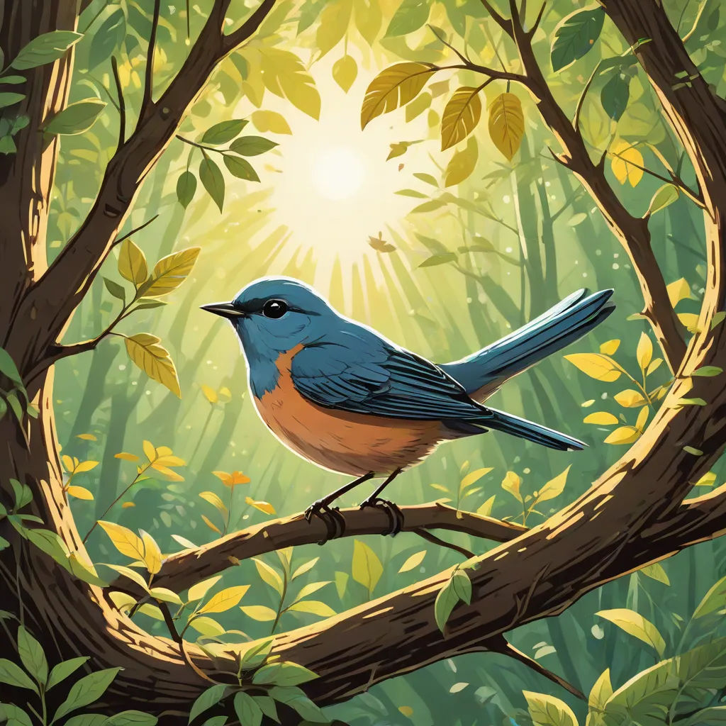 a bird sitting on a branch in a forest with sunlight shining through the leaves and branches behind it,, american scene painting, a storybook illustration, Chris LaBrooy, birds