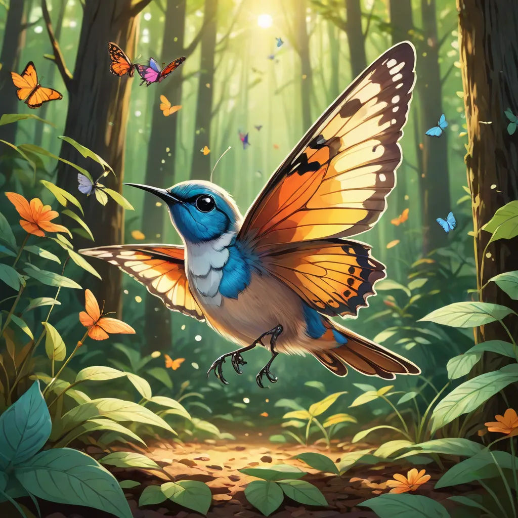 a painting of a bird flying in the forest with butterflies around it and a path leading to the forest, fantasy art, a storybook illustration, Chris LaBrooy, magic the gathering artwork