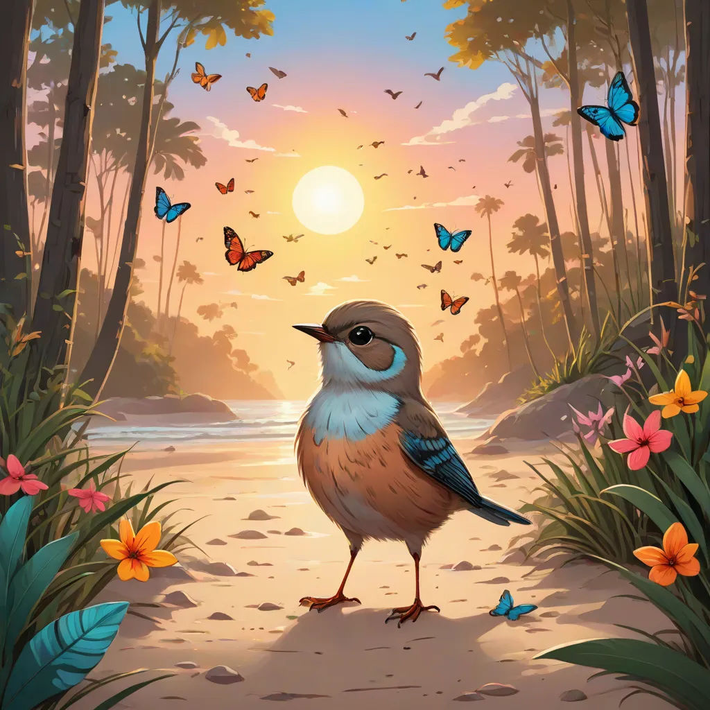 a bird standing on a path in a forest with butterflies flying around it and a sun setting in the background, magic realism, a storybook illustration, Chris LaBrooy, magic the gathering artwork