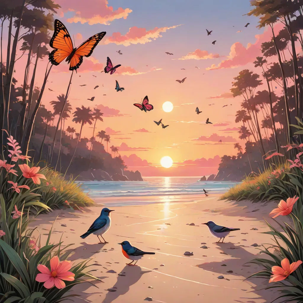 a painting of birds and butterflies on a beach at sunset with a sunset in the background and a sunset in the foreground, magic realism, a detailed matte painting, David A Hardy, nature