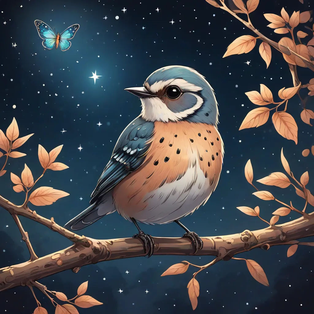 a bird sitting on a branch with a butterfly flying above it and stars in the sky above it,, fantasy art, a storybook illustration, Dan Mumford, highly detailed digital painting