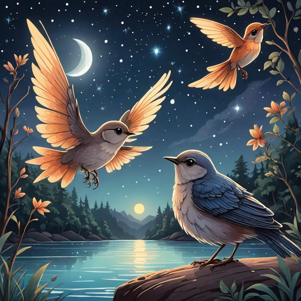 two birds flying over a body of water at night with a moon and stars in the sky above them, fantasy art, a storybook illustration, Dan Mumford, birds