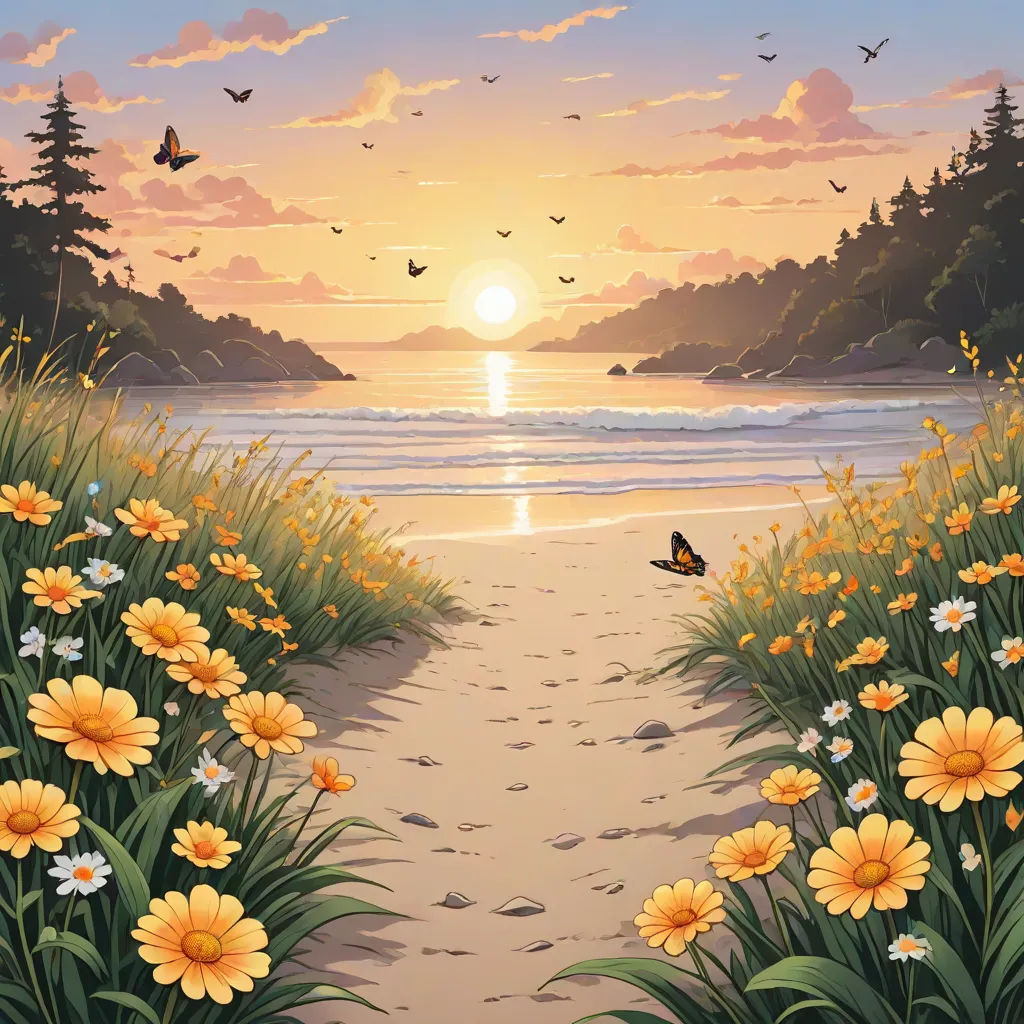 a painting of a beach with flowers and a sunset in the background with a butterfly flying over the beach, magic realism, a detailed matte painting, Christophe Vacher, kinkade
