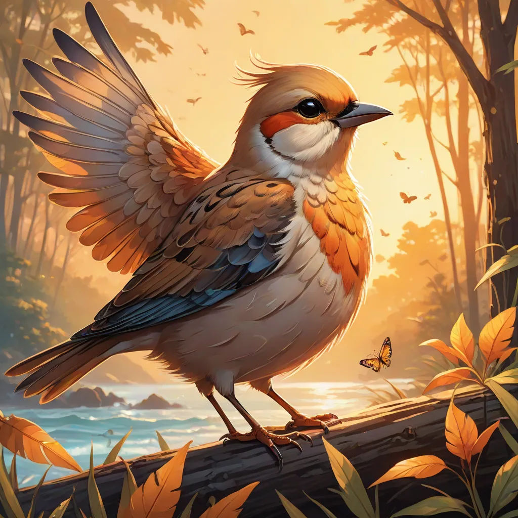 a bird with its wings spread sitting on a log in the woods with a butterfly flying by it's side, altermodern, a detailed painting, Chris LaBrooy, magic the gathering artwork