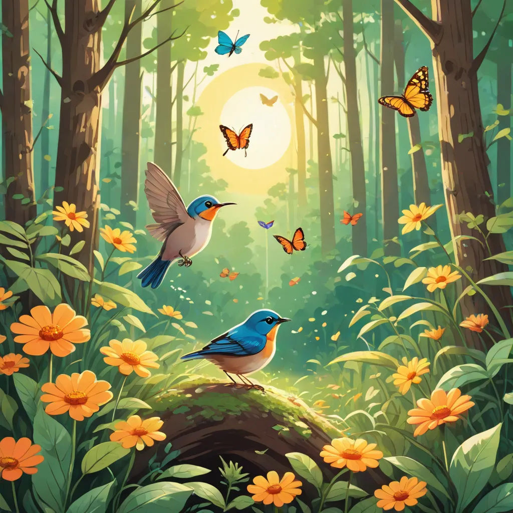 a painting of two birds in a forest with flowers and butterflies flying around them, with a sun setting in the background, fantasy art, a storybook illustration, Chris LaBrooy, birds