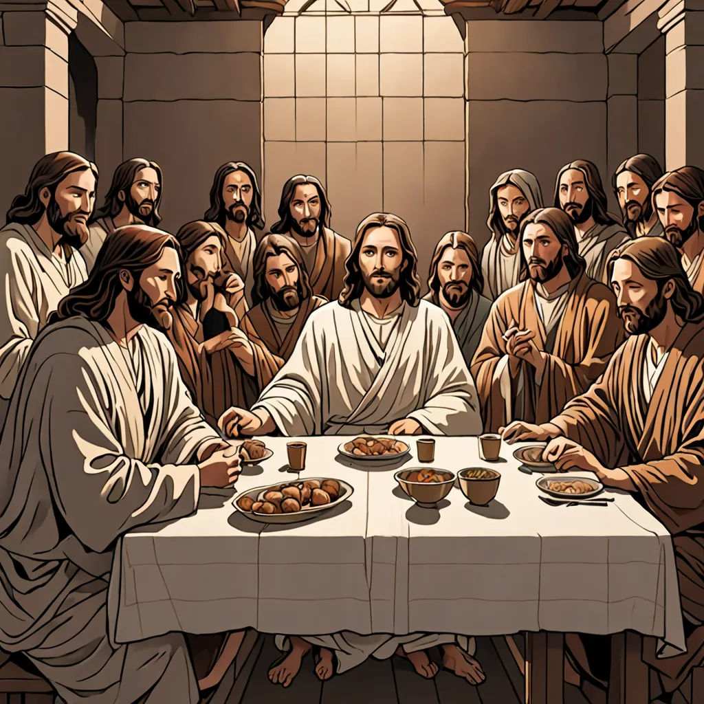 a painting of jesus sitting at a table with a group of people around him eating food and drinking from bowls, renaissance, a comic book panel, Altichiero, official art