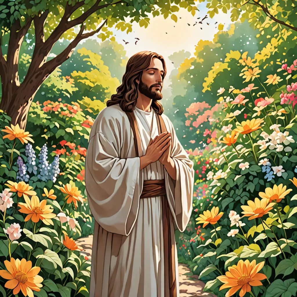 a painting of jesus standing in a garden of flowers with his hands folded in prayer and looking at the ground, naive art, a storybook illustration, Brothers Hildebrandt, kinkade