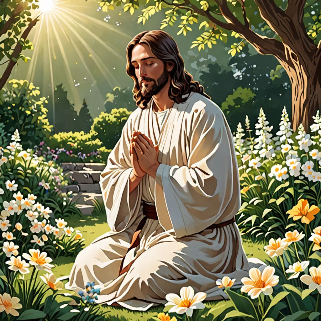 a painting of jesus sitting in a garden of flowers with the sun shining through the trees behind him and the sun shining down on the ground, naive art, a storybook illustration, Brothers Hildebrandt, kinkade
