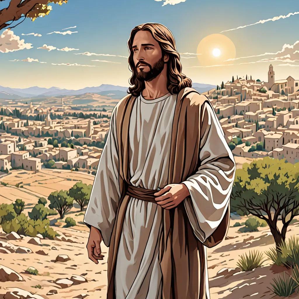 a painting of jesus standing in front of a cityscape with a tree in the foreground and a sun in the background, les nabis, a detailed matte painting, Christophe Vacher, city background