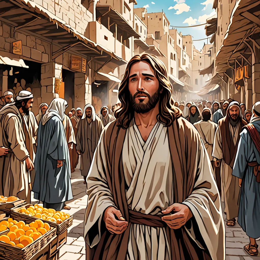 a painting of jesus walking through a market with oranges in baskets and people in the background looking at him, figurative art, a storybook illustration, Asaf Hanuka, detailed illustration