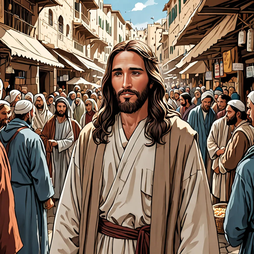 a painting of jesus walking through a crowded street with people in the background and a sky background with clouds, lyco art, a comic book panel, Asaf Hanuka, graphic novel