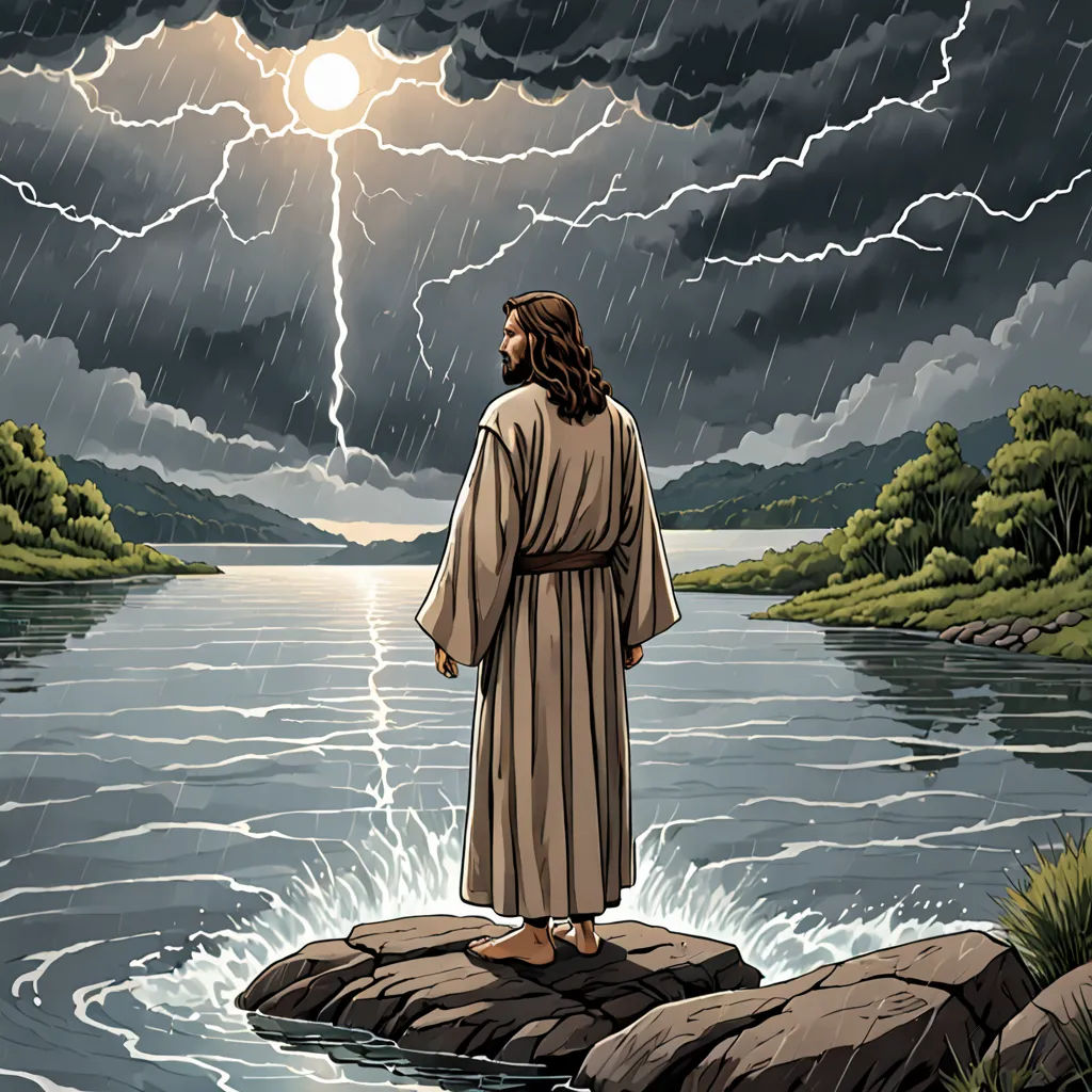 a man standing on a rock in the water under a storm filled sky with lightning above him and a river below, gothic art, a storybook illustration, F Scott Hess, stormy weather