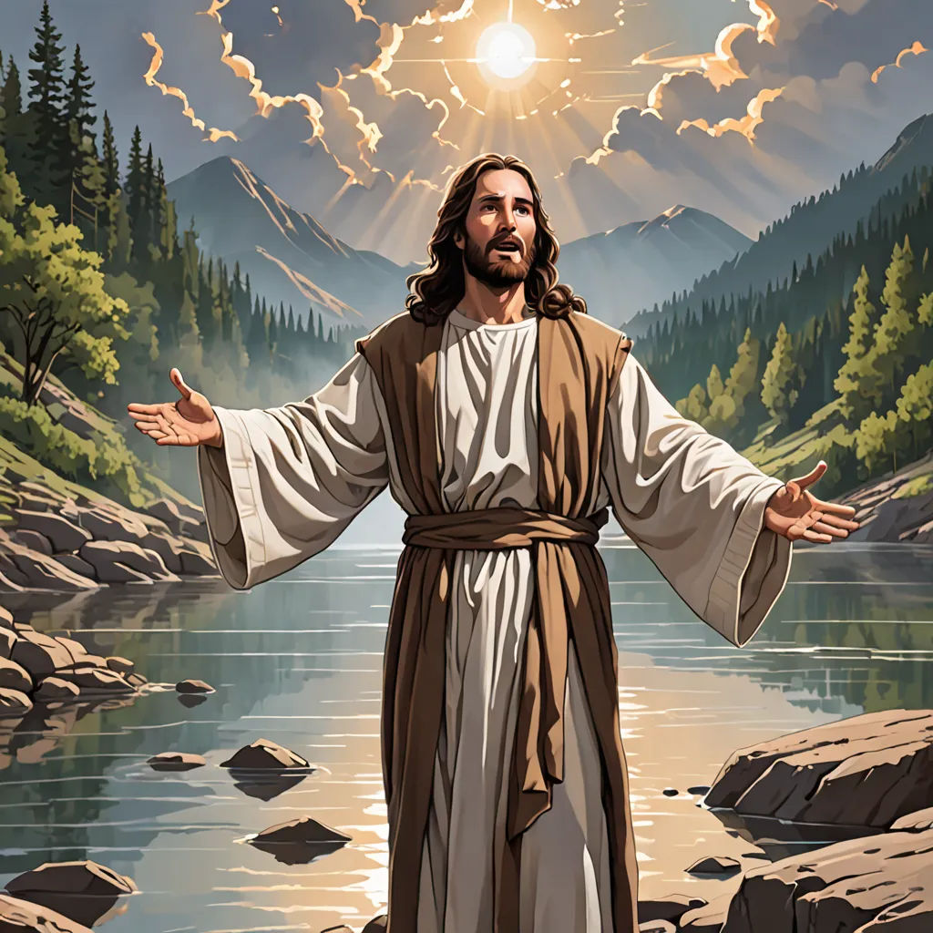 a painting of jesus standing in front of a river with his arms outstretched and hands outstretched out to the side, gothic art, a digital rendering, Christophe Vacher, god rays