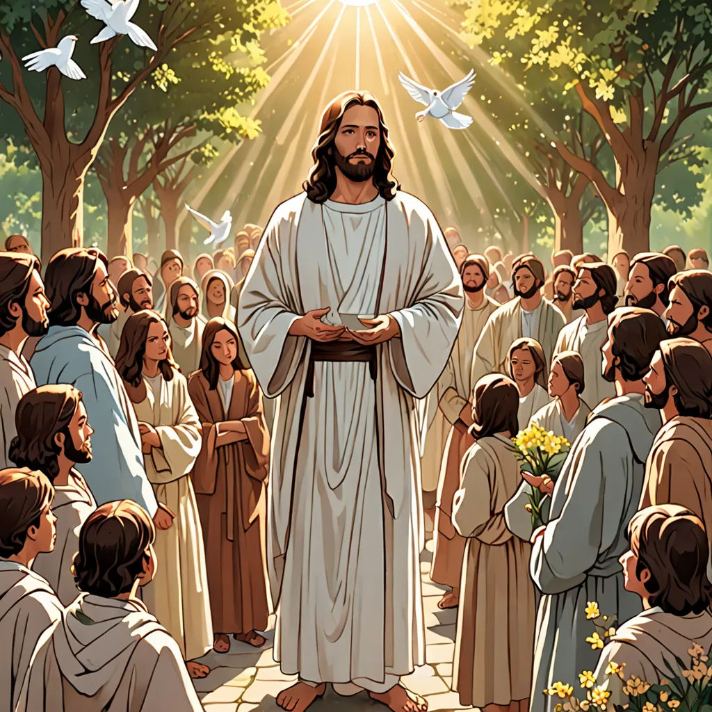 a painting of jesus standing in front of a crowd of people with doves flying around him and trees, figurativism, a storybook illustration, Christophe Vacher, rossdraws global illumination