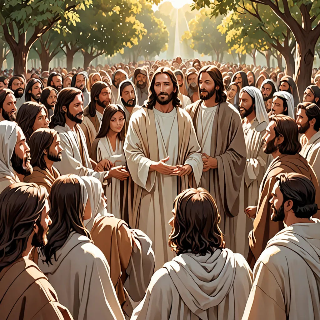 a painting of jesus surrounded by people in a park with trees and a fountain in the background, with a light shining on the ground, figurativism, a digital rendering, F Scott Hess, furaffinity