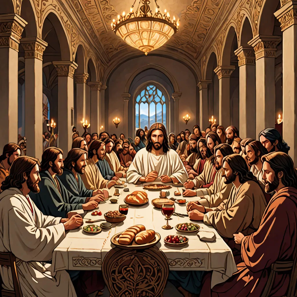 a painting of jesus sitting at a table with a group of people around him eating food and drinking wine, gothic art, a digital rendering, Brothers Hildebrandt, highly detailed digital painting