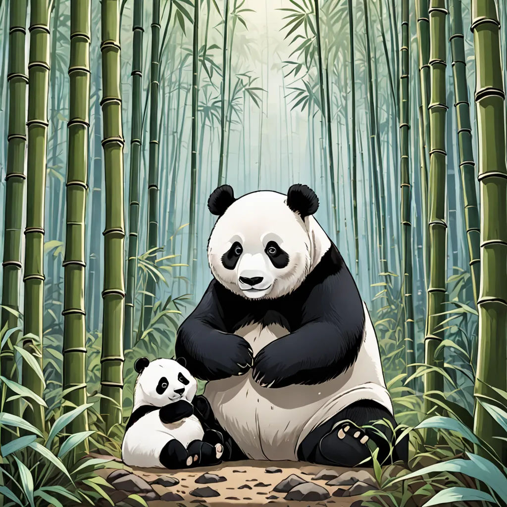 a panda bear sitting on a rock in a bamboo forest with a baby panda on its lap and a bamboo tree in the background, Adrian Zingg, ukiyo-e, a storybook illustration, official art