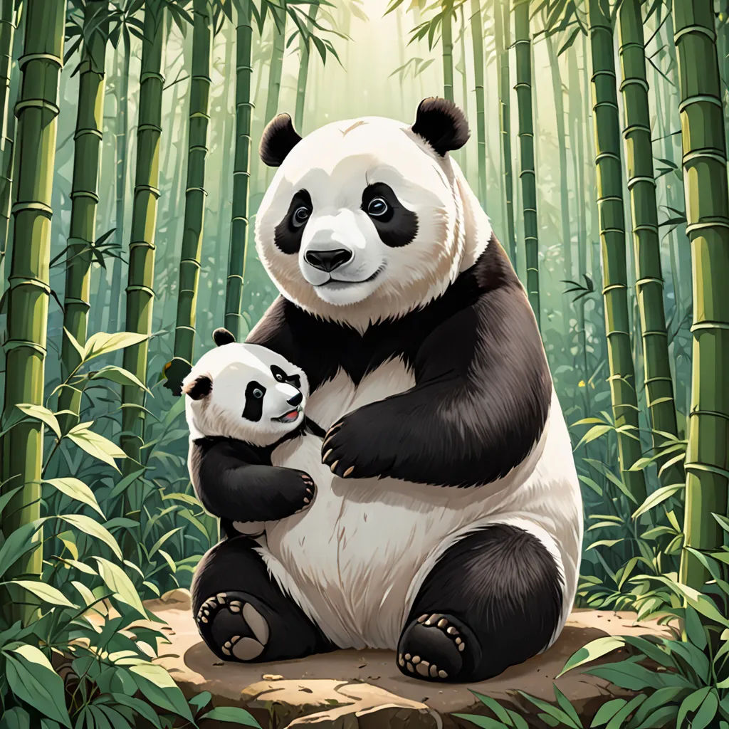 a panda bear sitting on a rock with a baby panda in its arms in a bamboo forest with sunlight shining through the trees, Fan Qi, sots art, a storybook illustration, official art