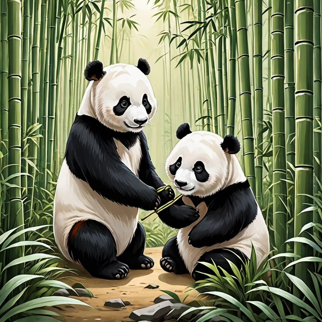 two panda bears sitting on a rock in a bamboo forest with bamboo trees in the background and a bamboo tree in the foreground, Adrian Zingg, net art, a storybook illustration, highly detailed digital painting