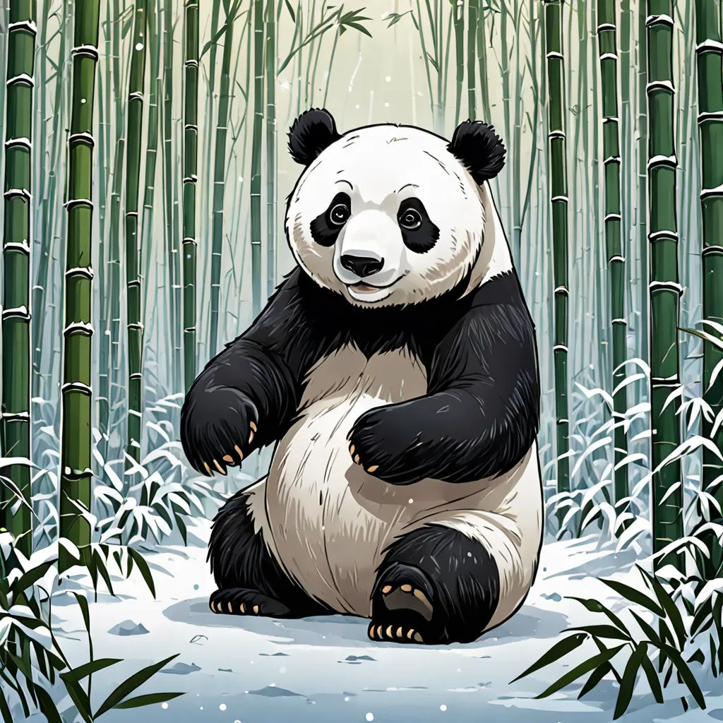 a panda bear sitting in the middle of a bamboo forest with snow falling on the ground and bamboo trees, Adrian Zingg, furry art, a storybook illustration, official art